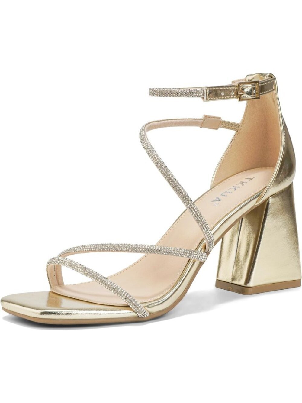 Women's Gold Rhinestone Strap High Heel Sandals Square Toe Chunky Heel Shoes